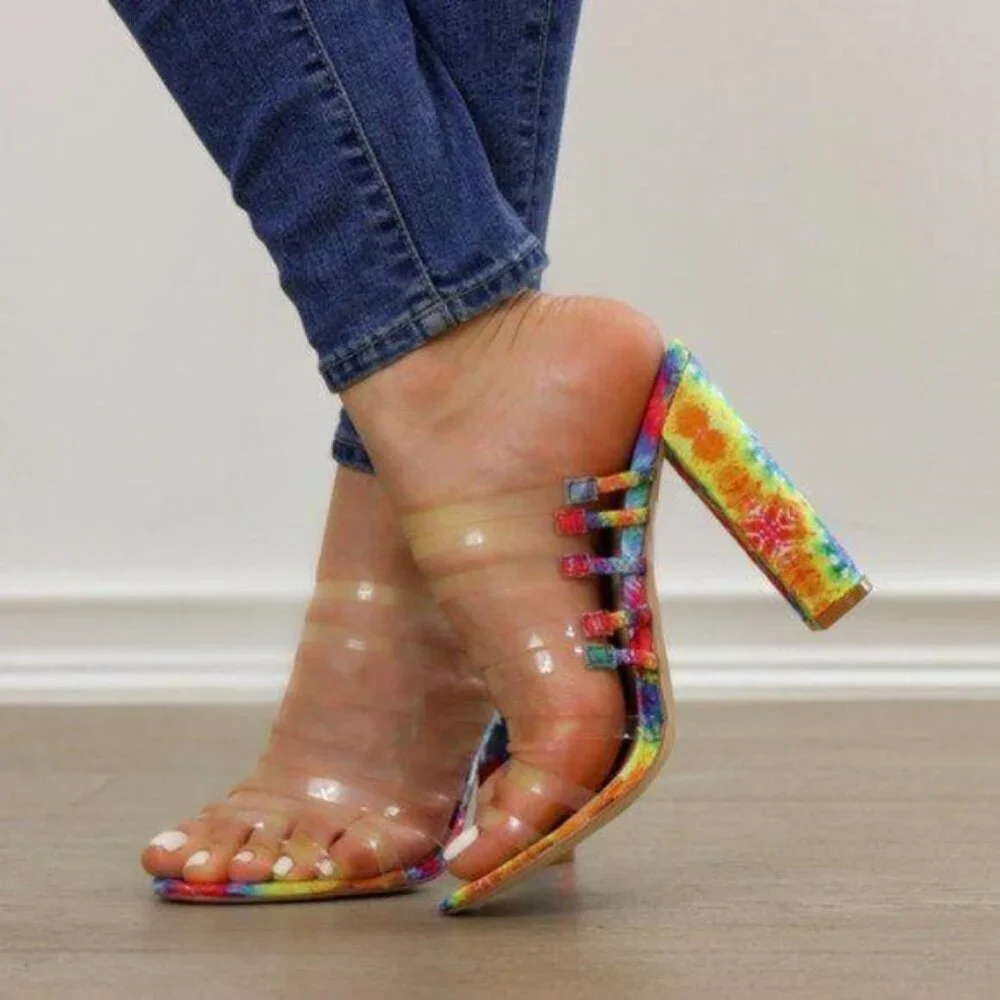 Tie Dye Heels Clear Straps Block Open Toe Multicolor Sandals - Picture 7 of 8